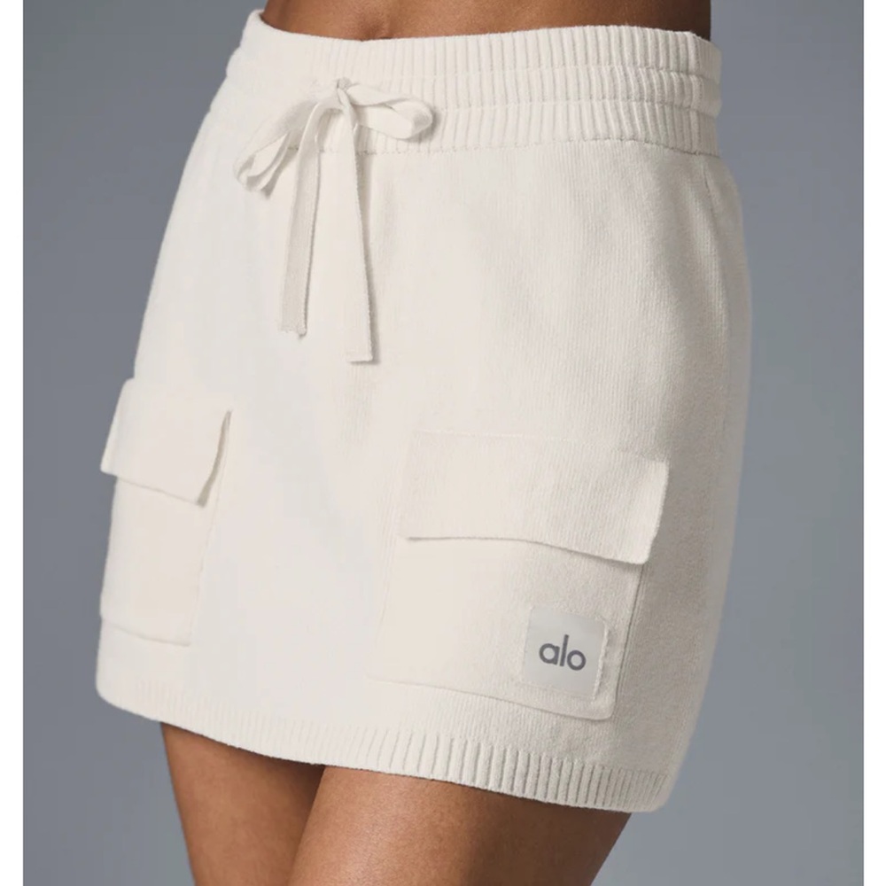 ALO Yoga Cream Drawstring Knit Mini Skirt